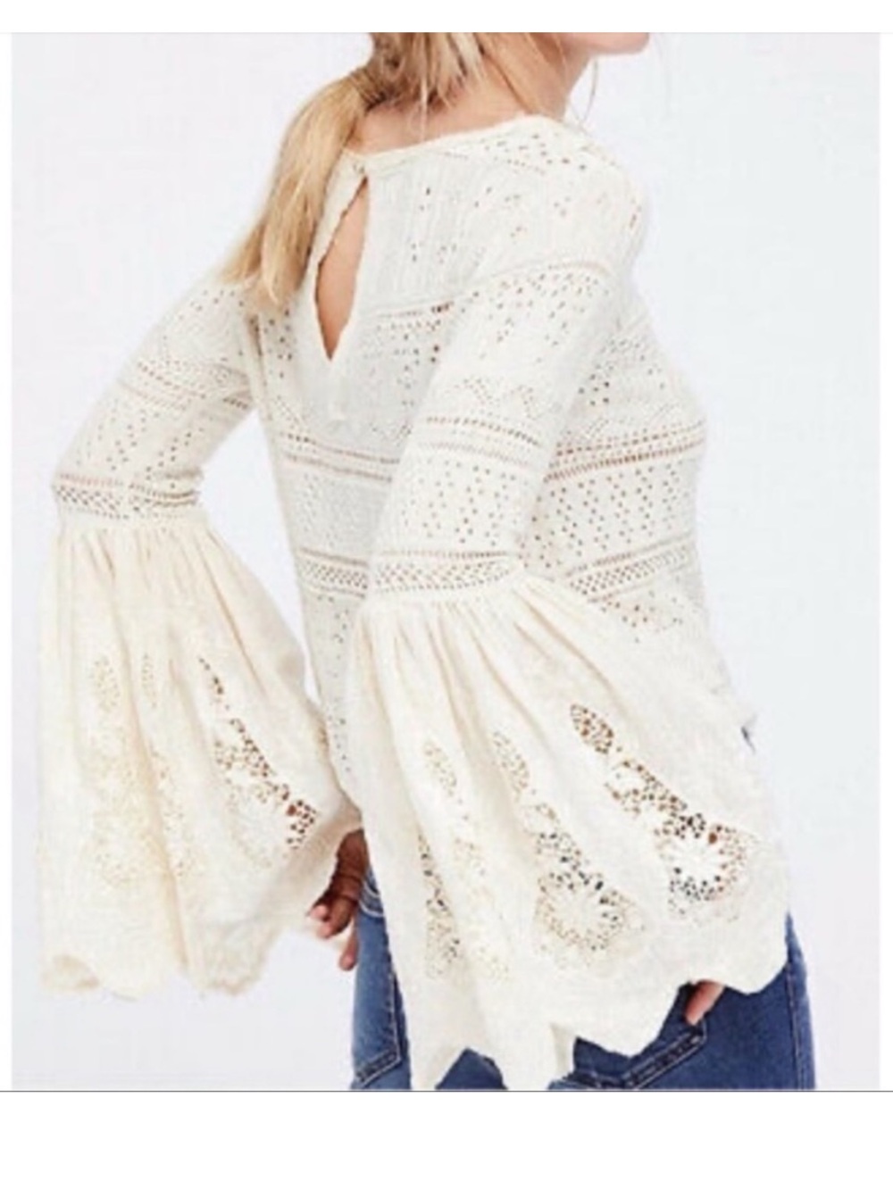 Free People Once Upon a Time Ivory Lace Crochet Bell Sleeve Top - Picture 14 of 14